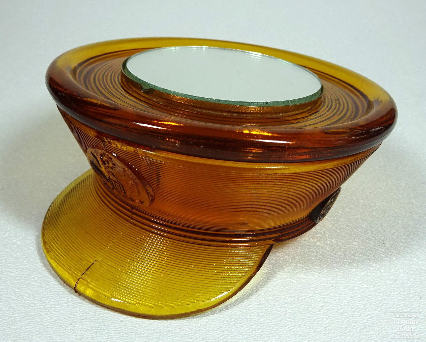 Paden City Amber Glass Military Hat Powder Jar