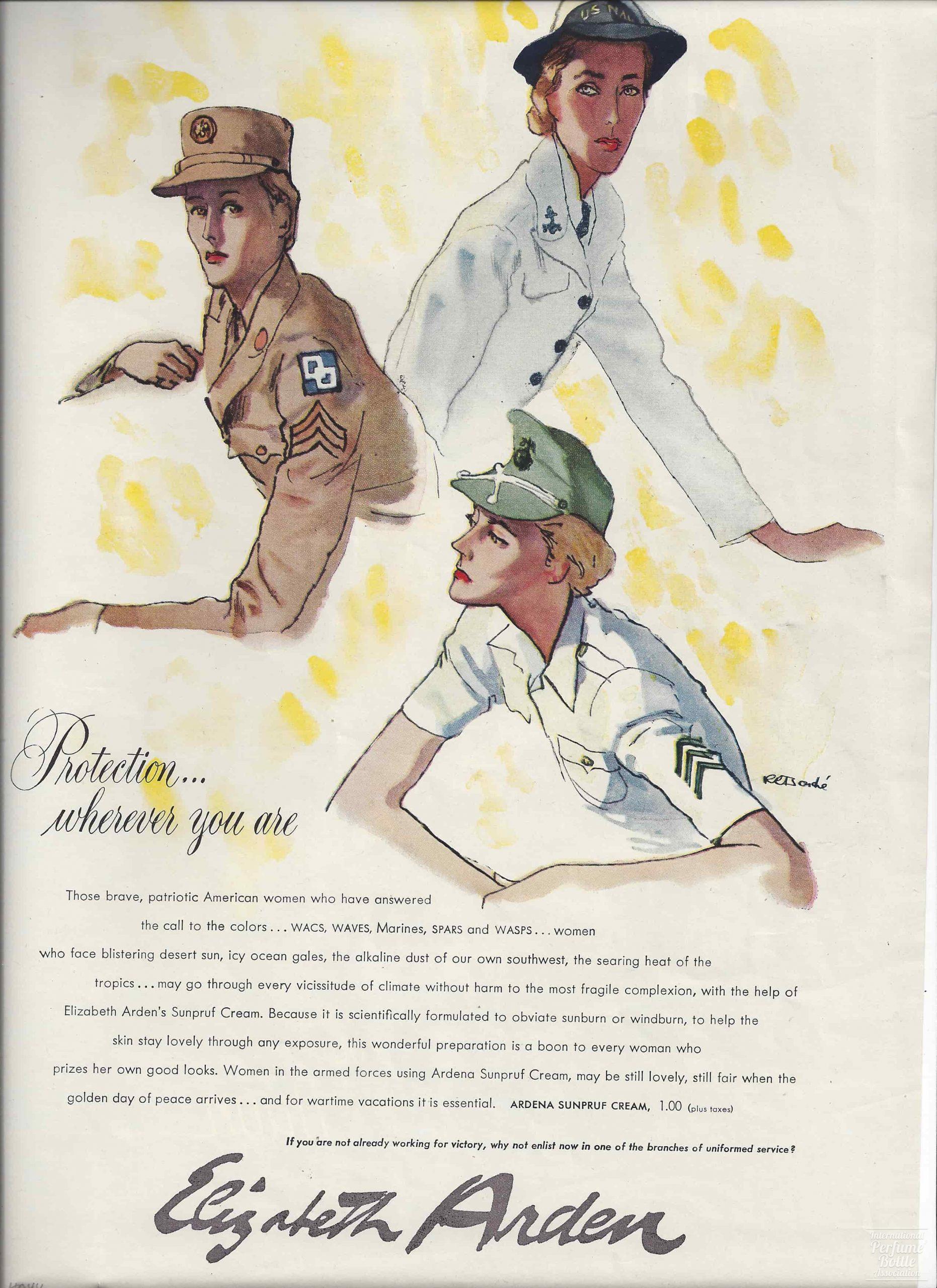 "Ardena Sunpruf Cream" by Elizabeth Arden War Ladies Advertisement - 1944