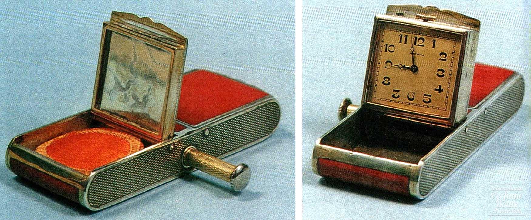 Red Enamel Compact and Lipstick with Clock