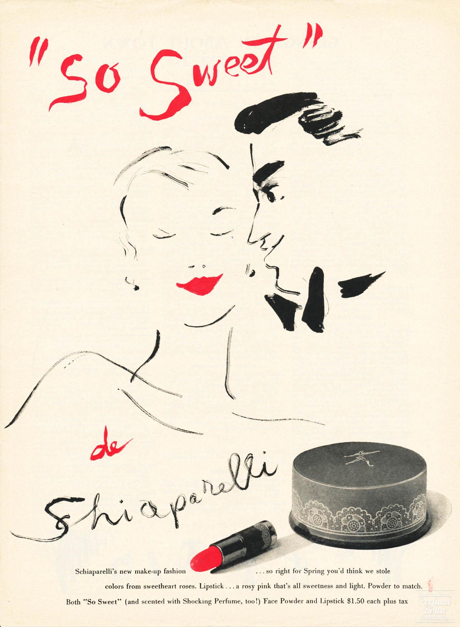 "So Sweet" by Schiaparelli Lipstick and Powder Advertisement - 1950
