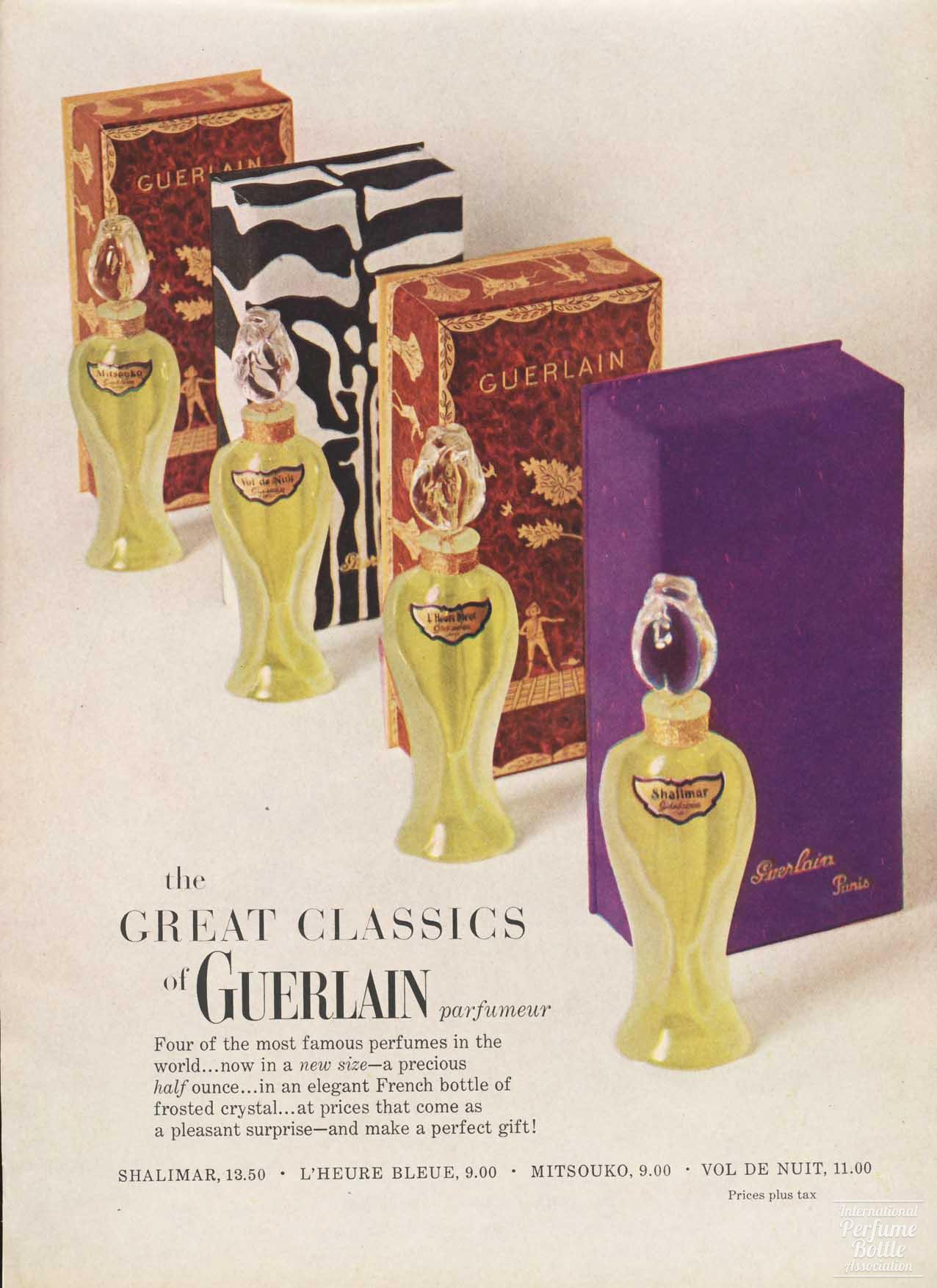 "Great Classics of Guerlain" Rosebud Bottles Advertisement - 1962