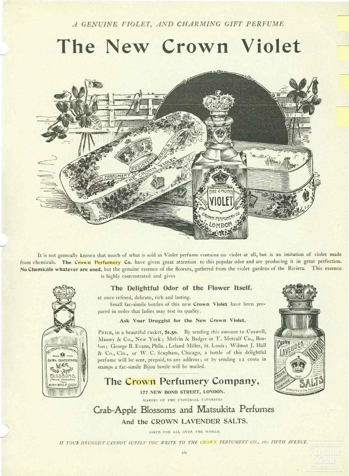 "Crown Violet" by Crown Perfumery Co. Advertisements - 1895, 1896