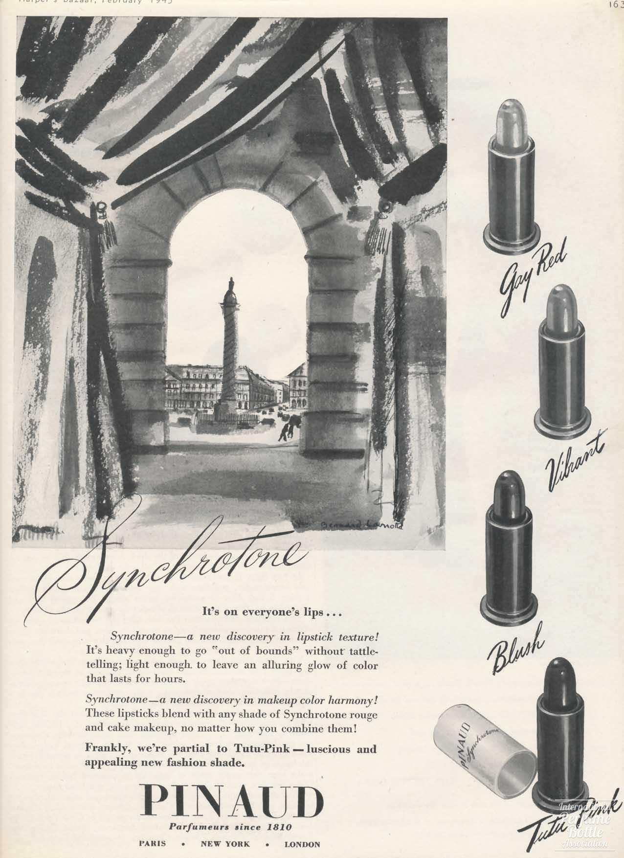 "Synchrotone" Lipstick by Pinaud Advertisement - 1945