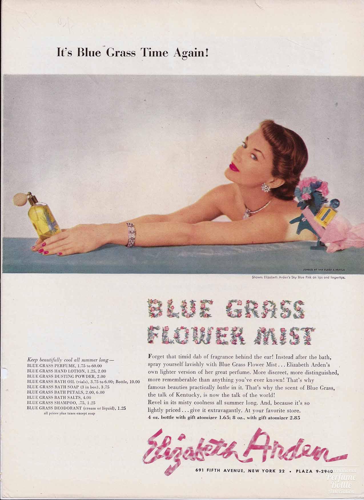 "Blue Grass Flower Mist" by Elizabeth Arden Advertisement - 1950