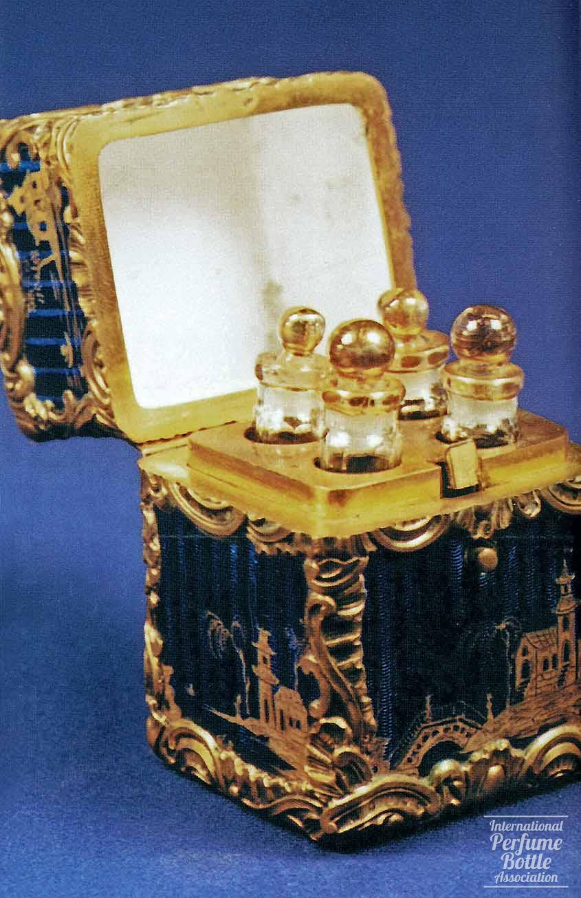 Set of Bottles in Blue and Gold Casket