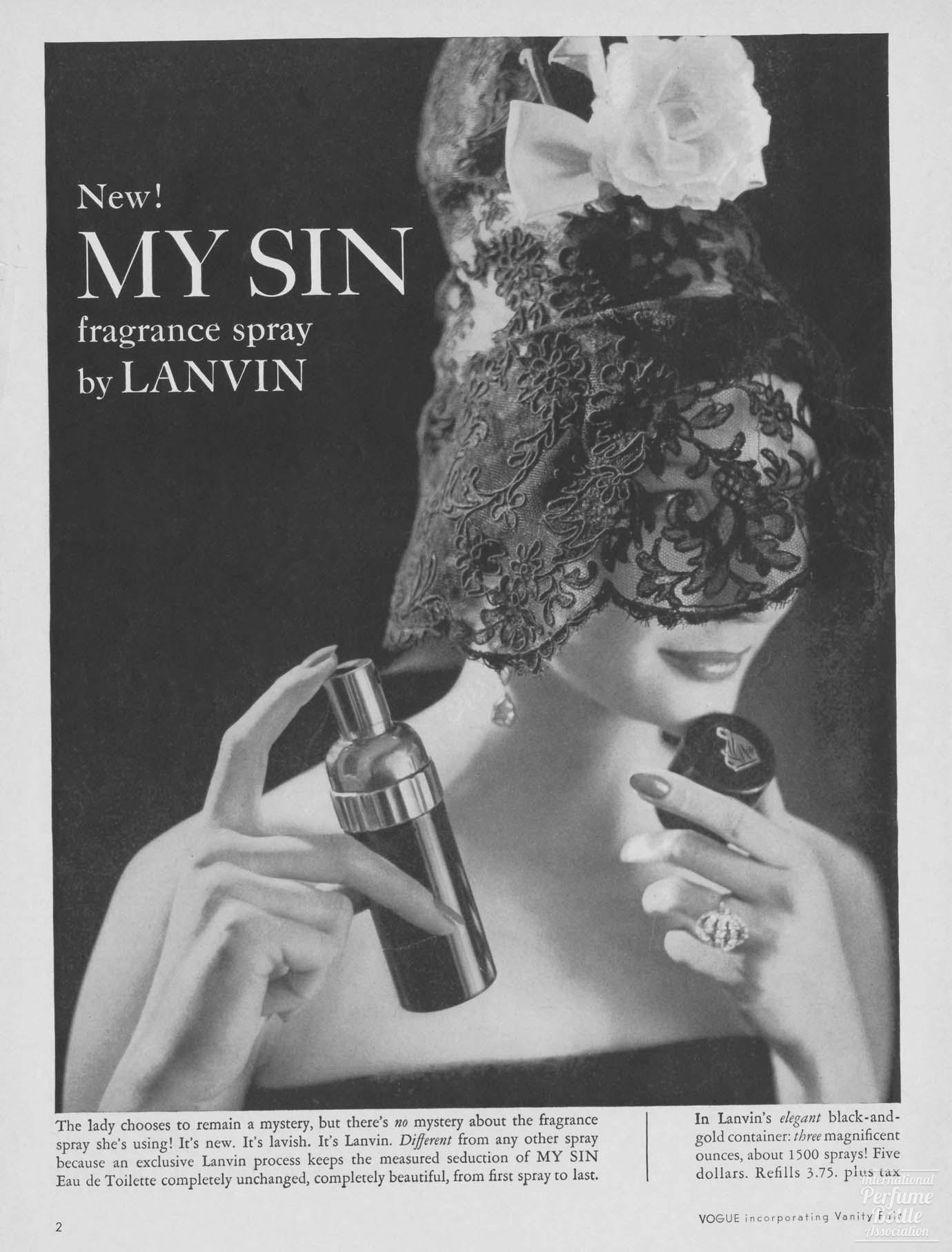 "My Sin" Atomizer by Lanvin Advertisement - 1959