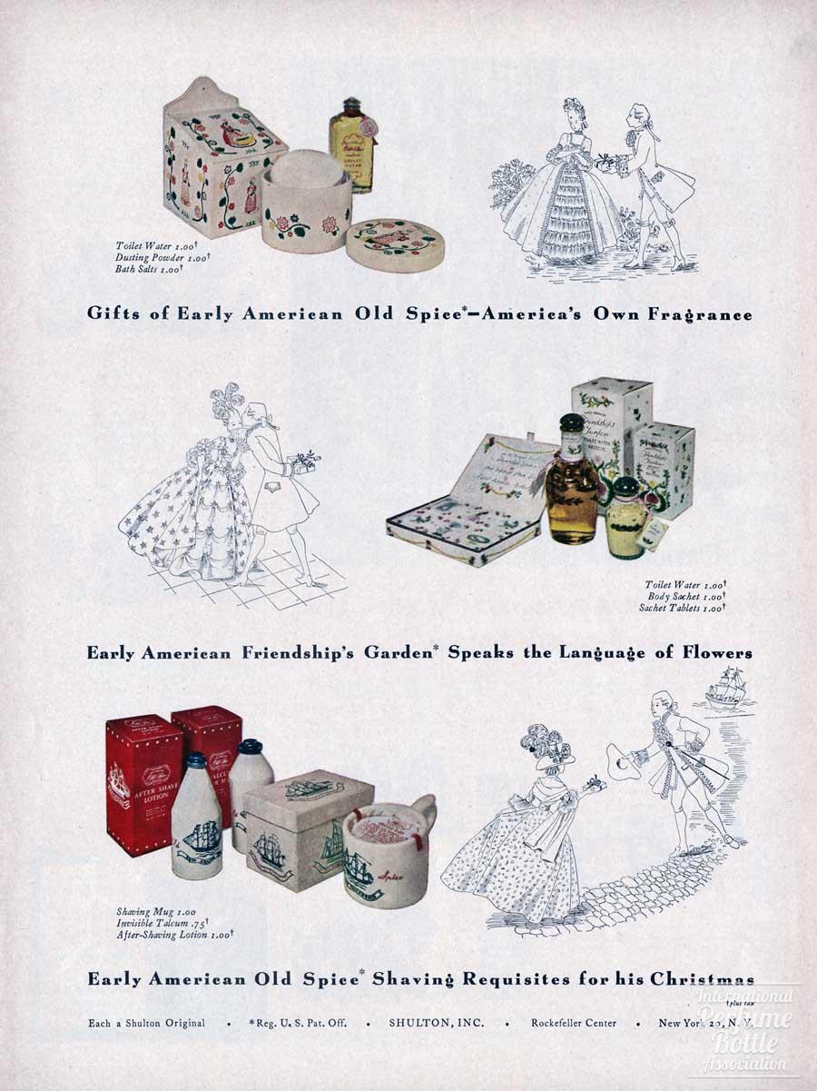 "Early American Old Spice" and "Friendship Garden" by Shulton Advertisement - 1950