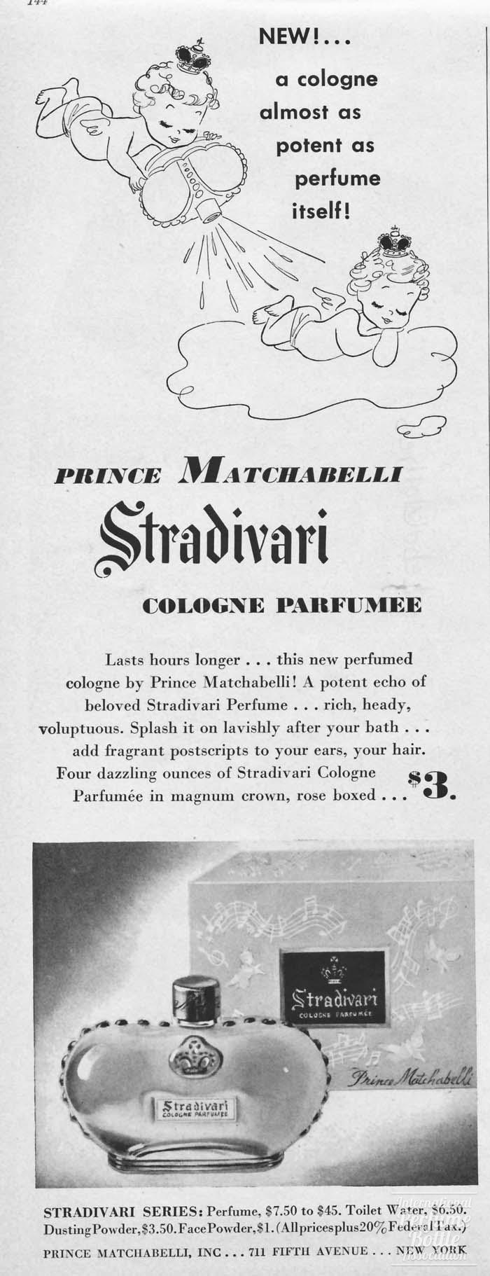 "Stradivari" Cologne by Prince Matchabelli Advertisement - 1948