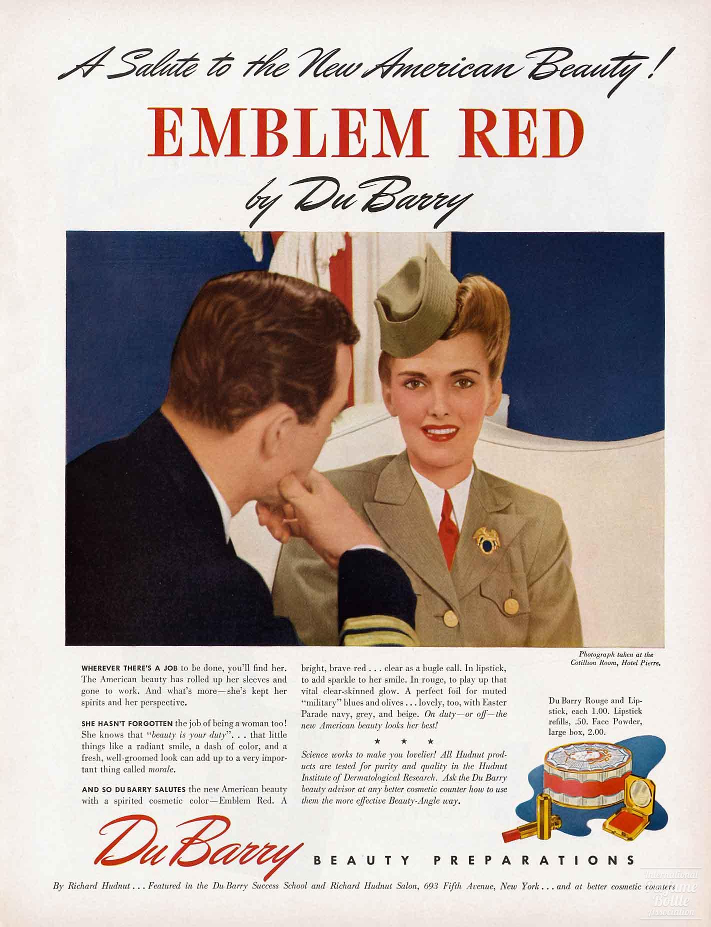 "Emblem Red" DuBarry Beauty Preparations Advertisement by Richard Hudnut - 1942