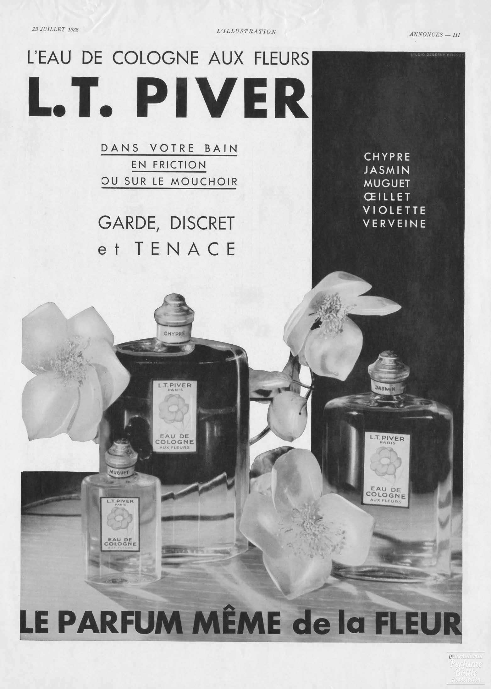 "Eau de Cologne Aux Fleurs" by L. T. Piver Advertisement - 1932