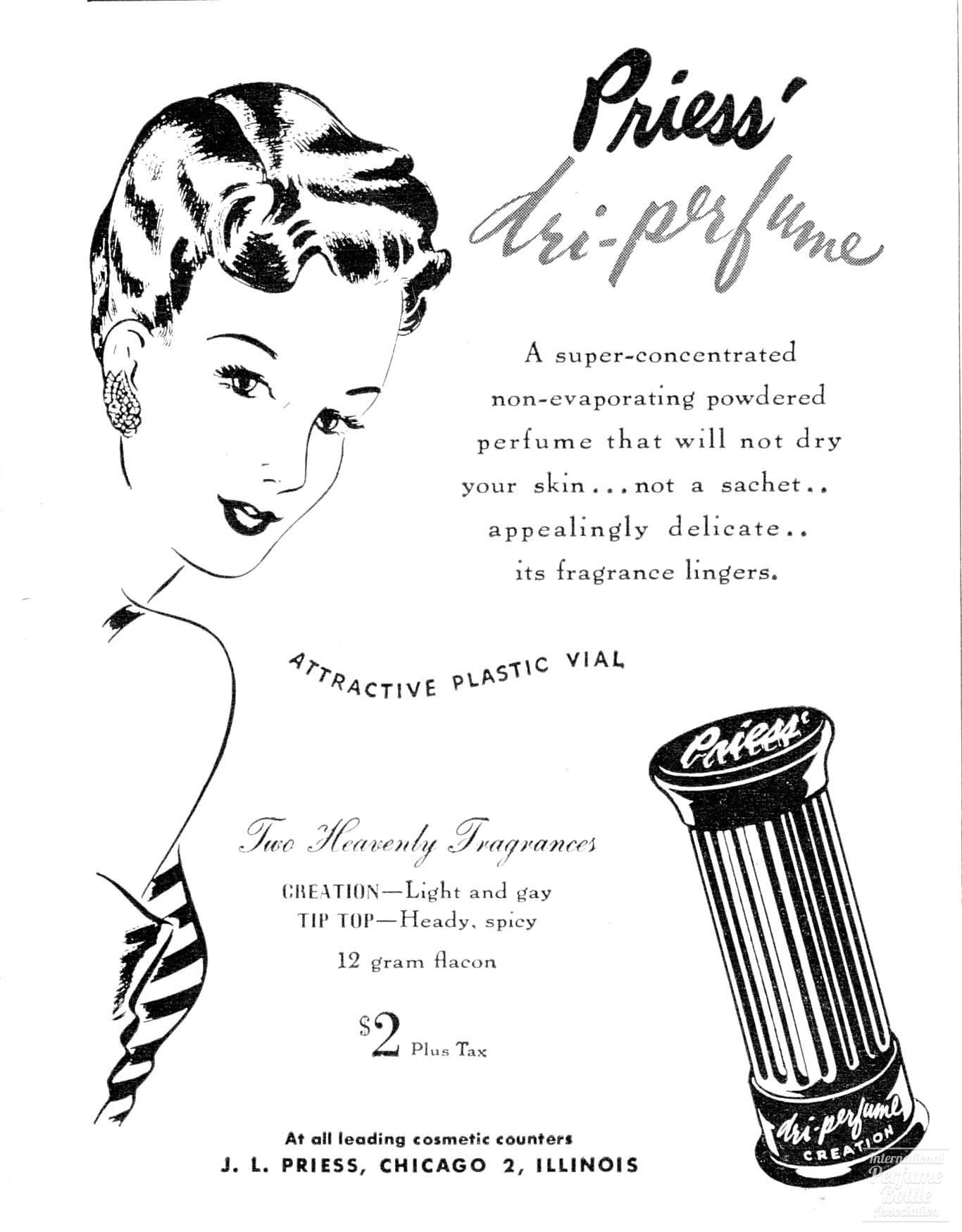 Dri-Perfume by Priess Advertisement - 1945