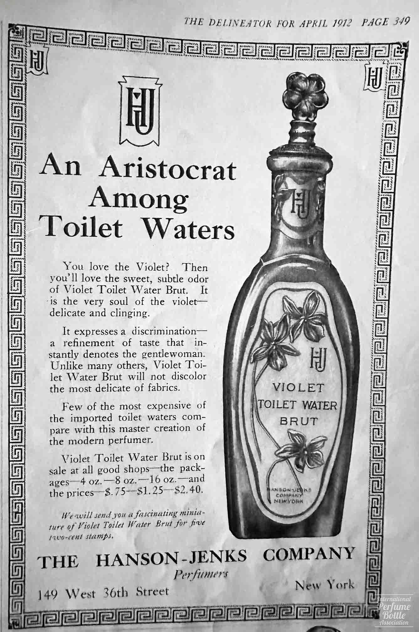 "Violet Toilet Water" by Hanson-Jenks Advertisement - 1912