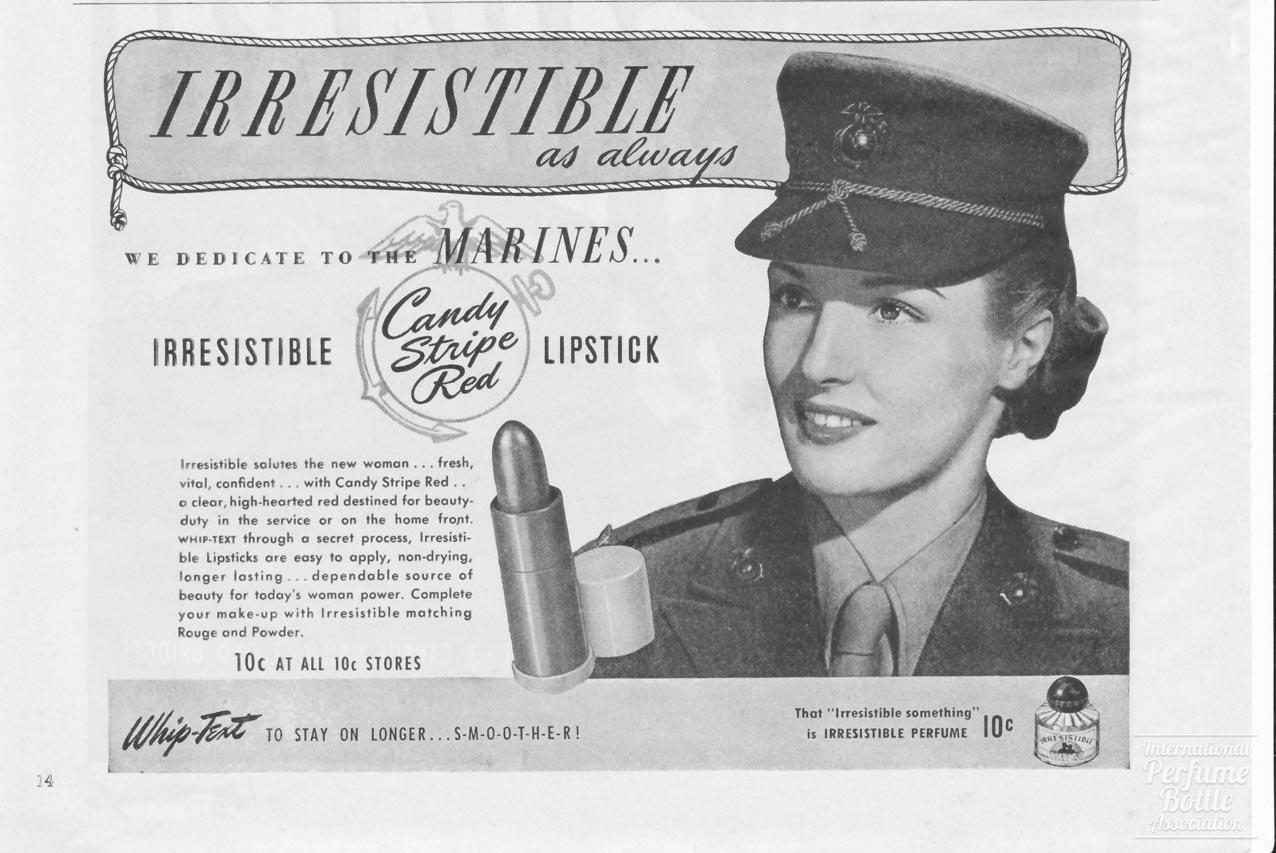 "Candy Stripe Red" Lipstick by Irresistible Advertisement - 1943