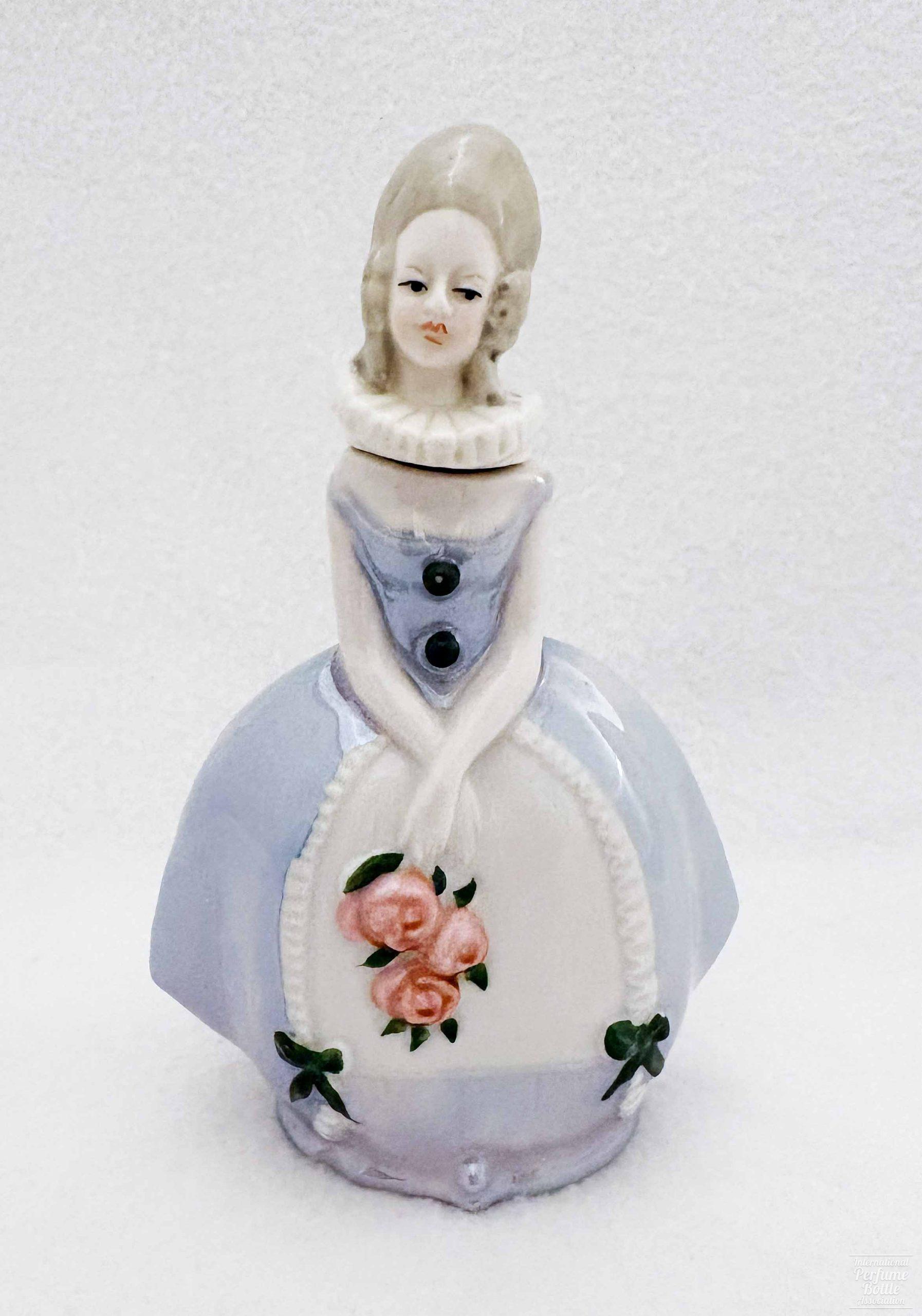 Lady in Blue-Gray Dress Holding Roses